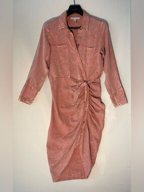 Young Fabulous & Broke Rose-Madder Tie-Front Long Sleeve Shirt Dress